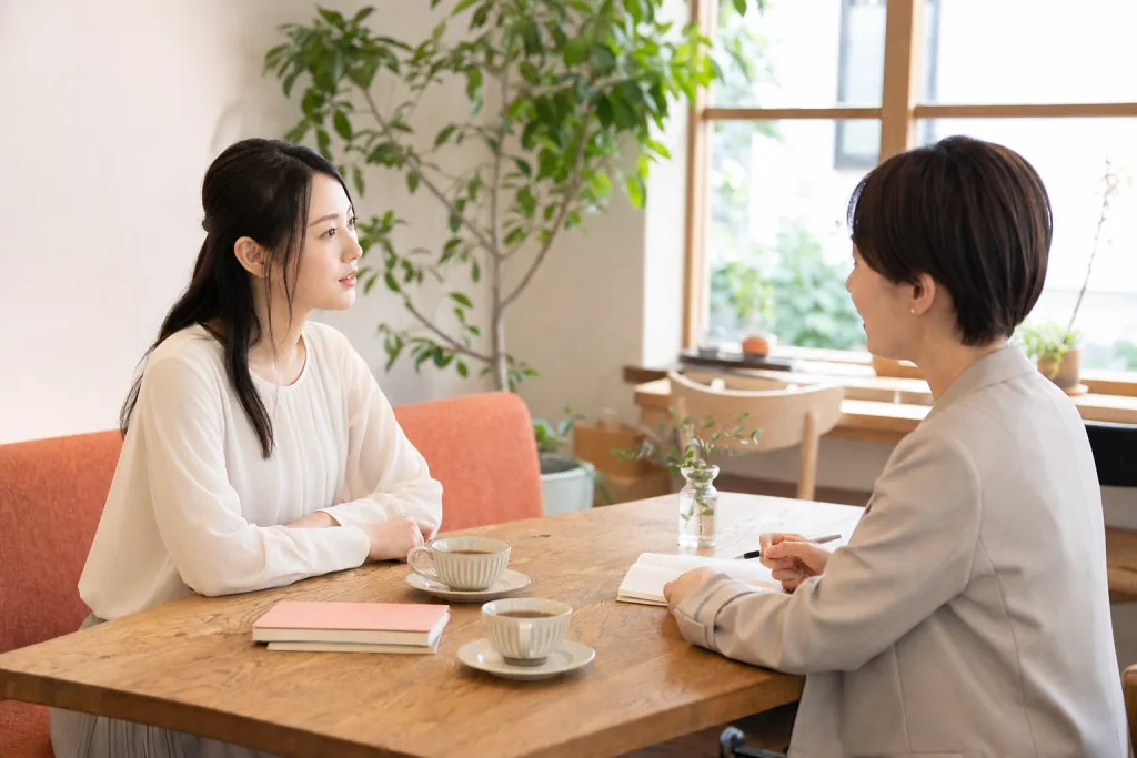 カフェで婚活相談をしている女性の写真風イメージ