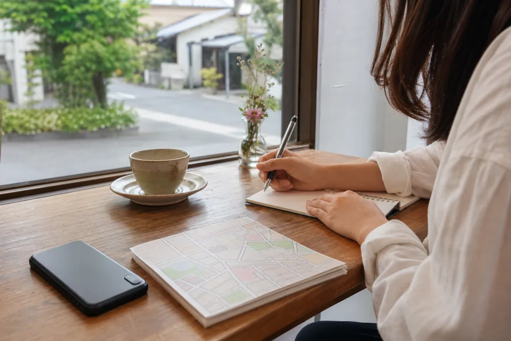 地域で婚活の予定を考える女性の手元の写真風イメージ