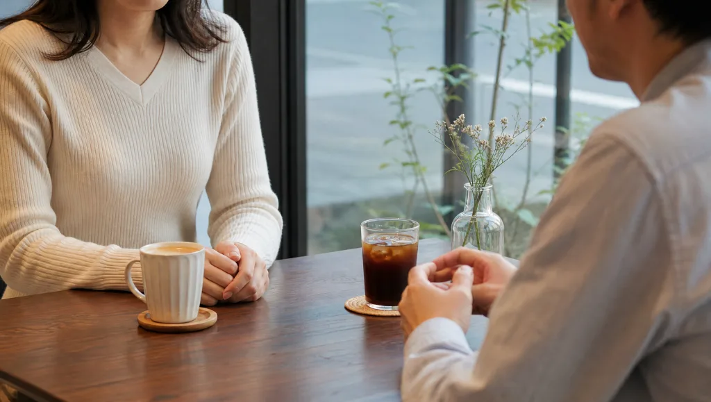 婚活の初デートでカフェにいる男女の手元