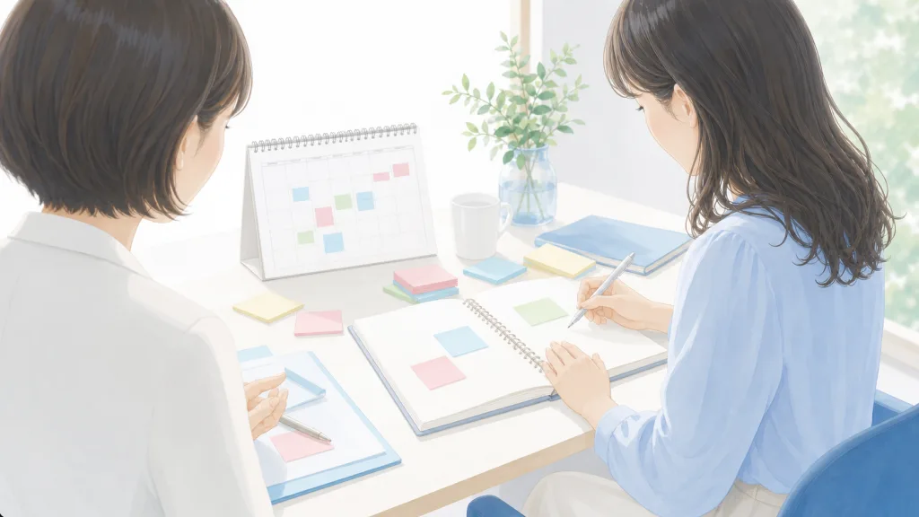 婚活の方向性を相談しながら整理する手元のイラスト