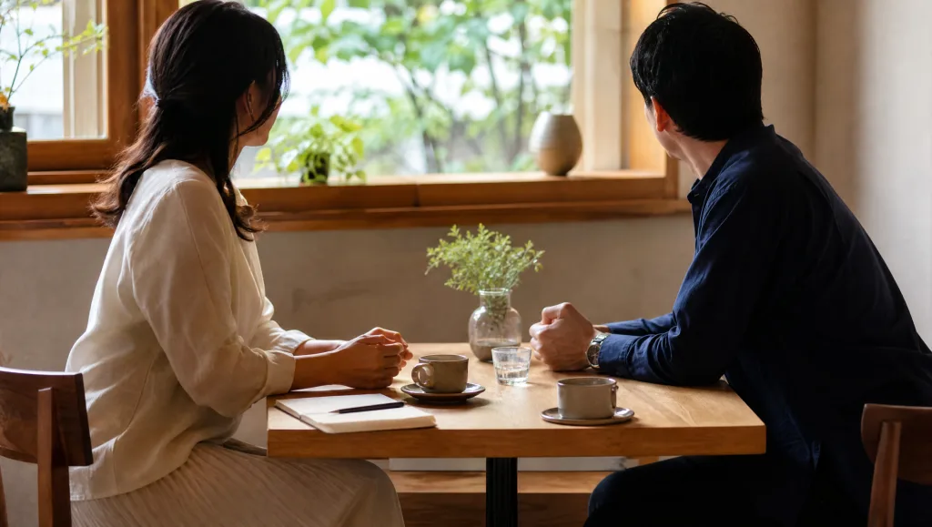 カフェでお見合いの会話をする男女の写真風イメージ