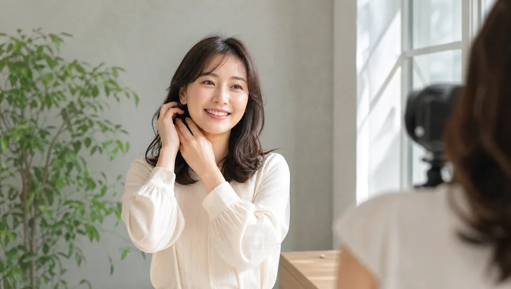 自然な笑顔でプロフィール写真を撮る準備をする女性