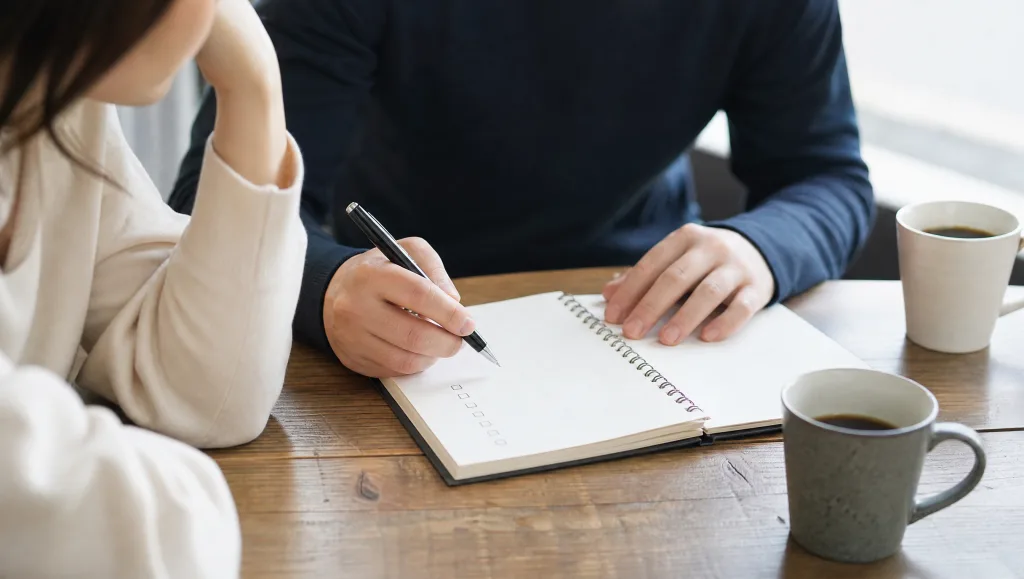 真剣交際前に確認したいことをノートに書く手元